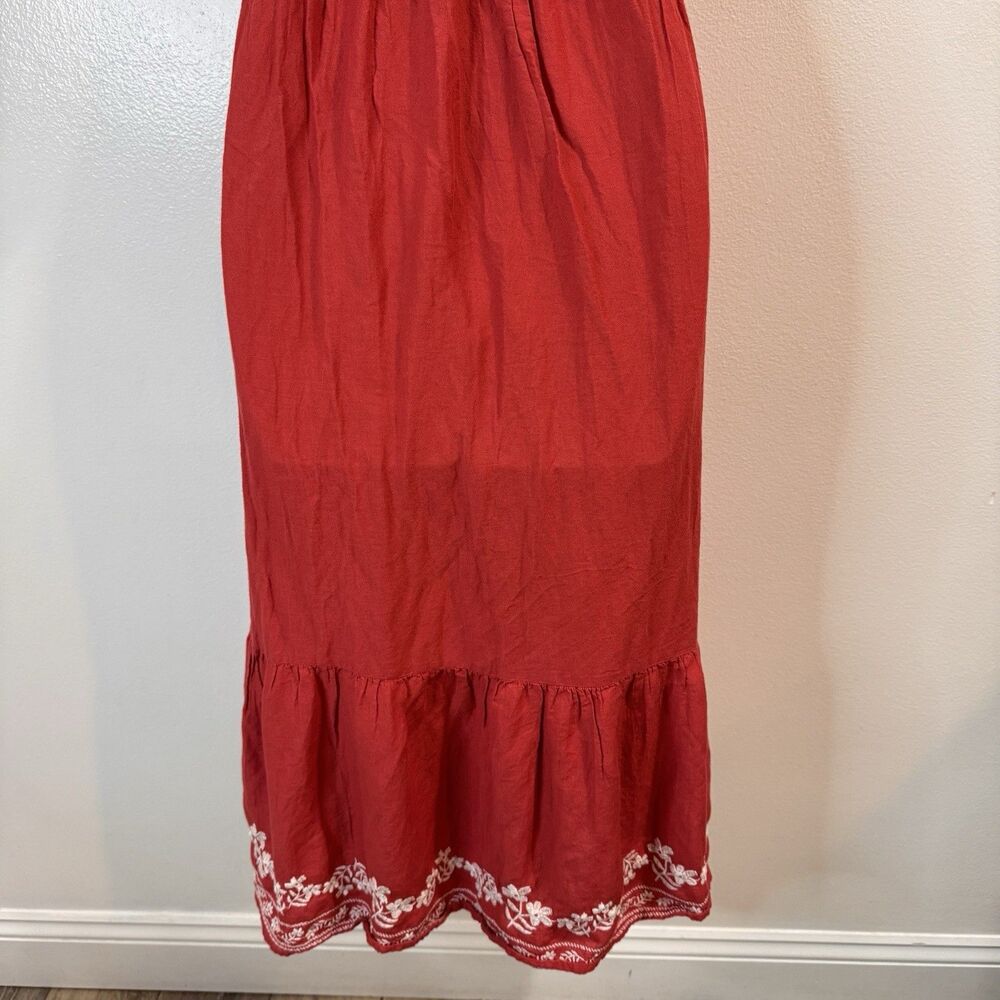 Old Navy Shirt Dress S Midi Smocked Embroidered Prairie Milkmaid Red White Boho - Picture 8 of 12